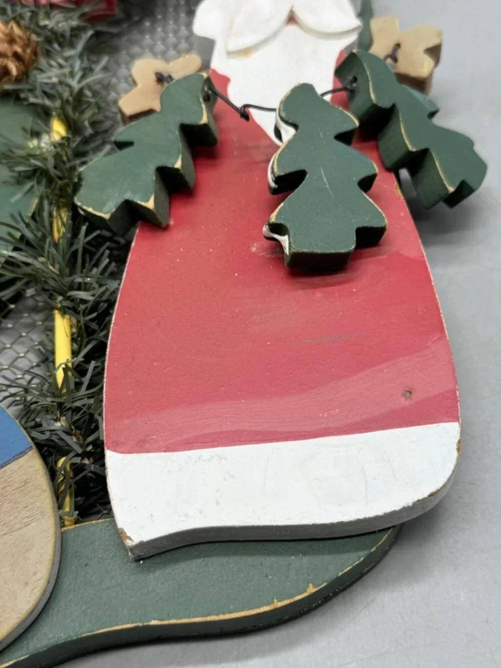 Christmas stocking wall hanging Santa bird house wood metal mess red green READ